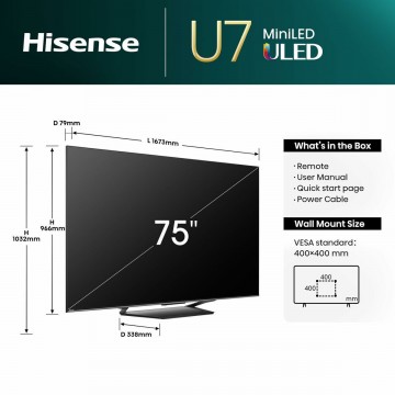 Hisense Smart Τηλεόραση 85" 4K UHD Mini LED 85U7NQ HDR (2024) Hisense Smart Τηλεόραση 85" 4K UHD Mini LED 85U7NQ HDR (2024)